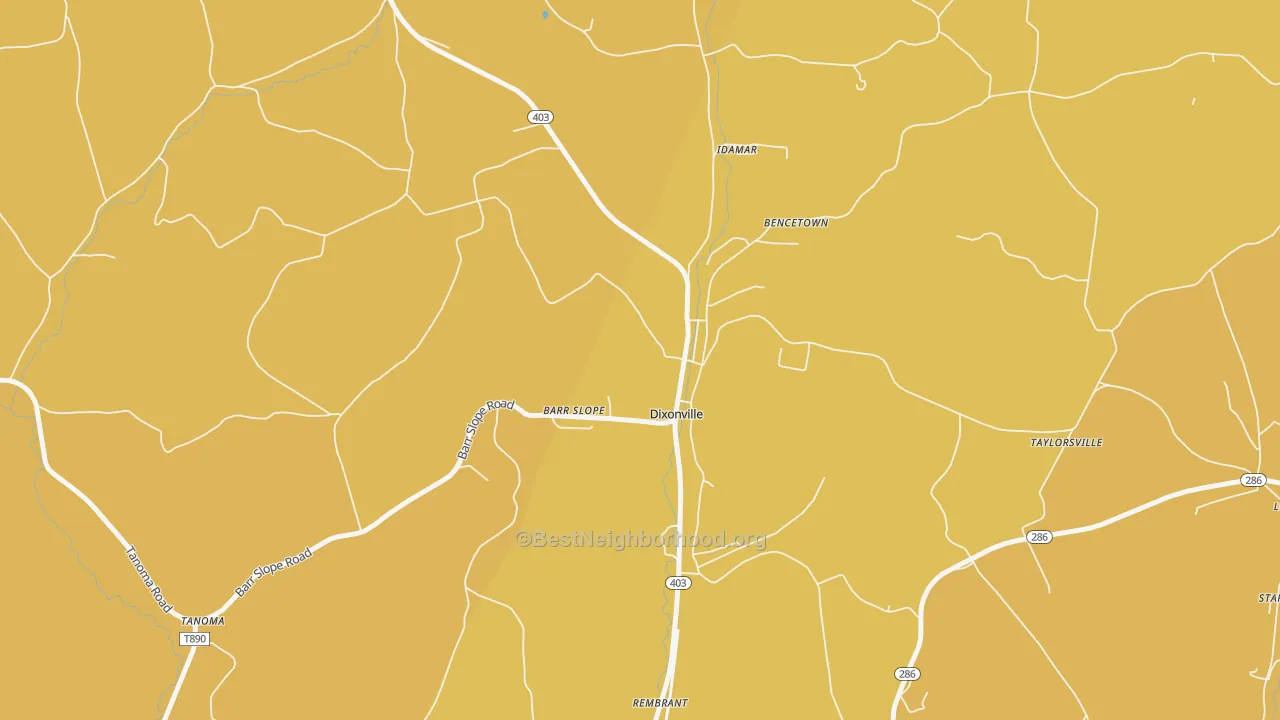 Map of the best neighborhoods in the Dixonville area, with better matches in green and worse matches in red
