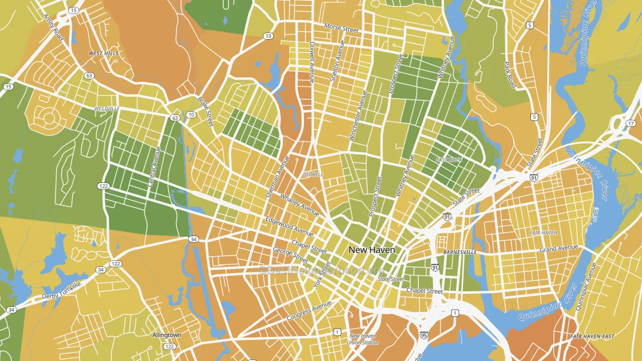 Map of the best neighborhoods in the Dixwell, New Haven area, with better matches in green and worse matches in red