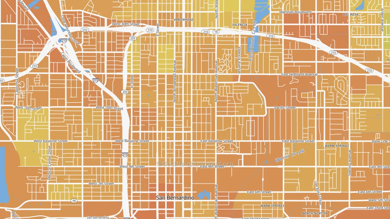 Map of the best neighborhoods in the DMV, San Bernardino area, with better matches in green and worse matches in red