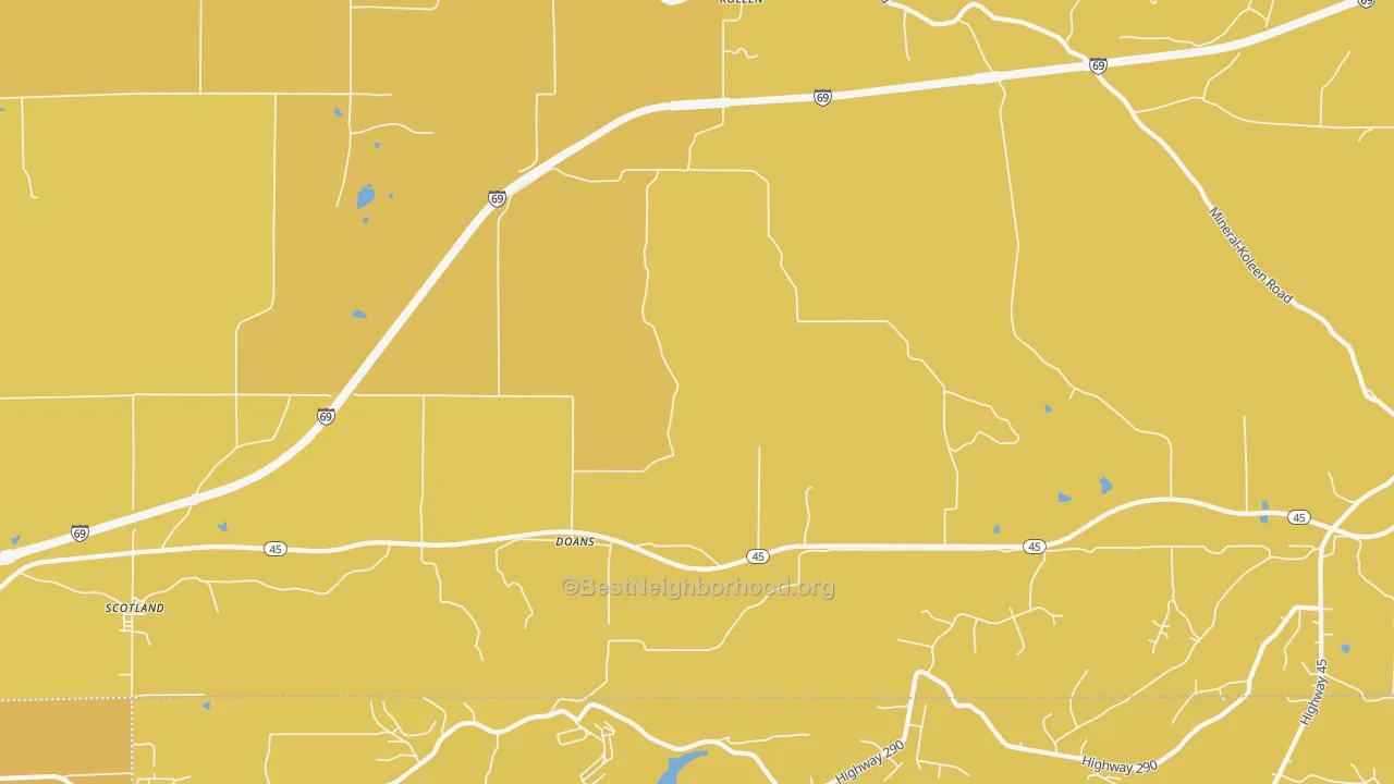 Map of the best neighborhoods in the Doans area, with better matches in green and worse matches in red
