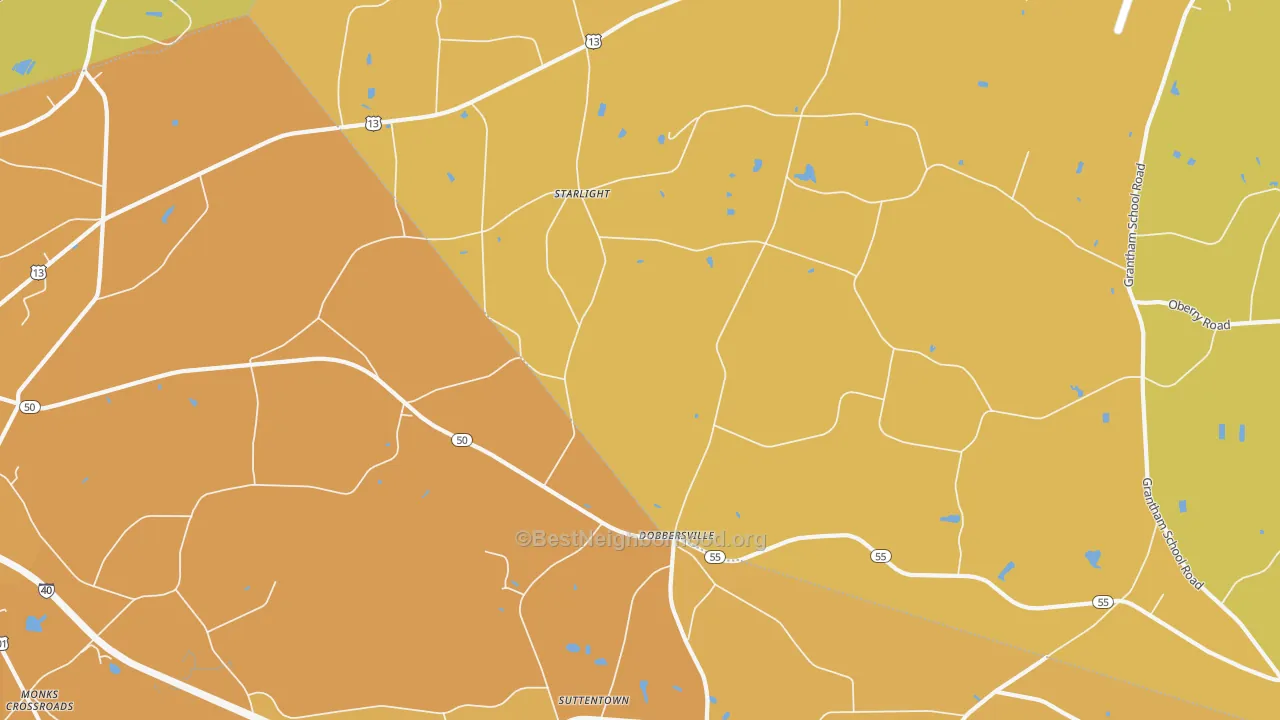 Map of the best neighborhoods in the Dobbersville area, with better matches in green and worse matches in red