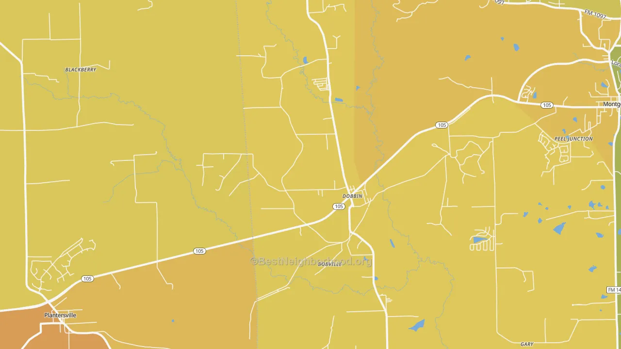 Map of the best neighborhoods in the Dobbin area, with better matches in green and worse matches in red
