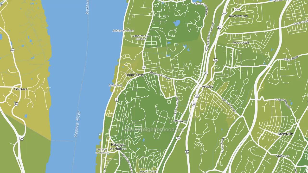 Map of the best neighborhoods in the Dobbs Ferry area, with better matches in green and worse matches in red