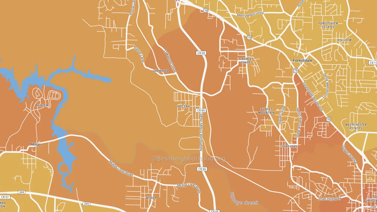 Map of the best neighborhoods in the Docena area, with better matches in green and worse matches in red
