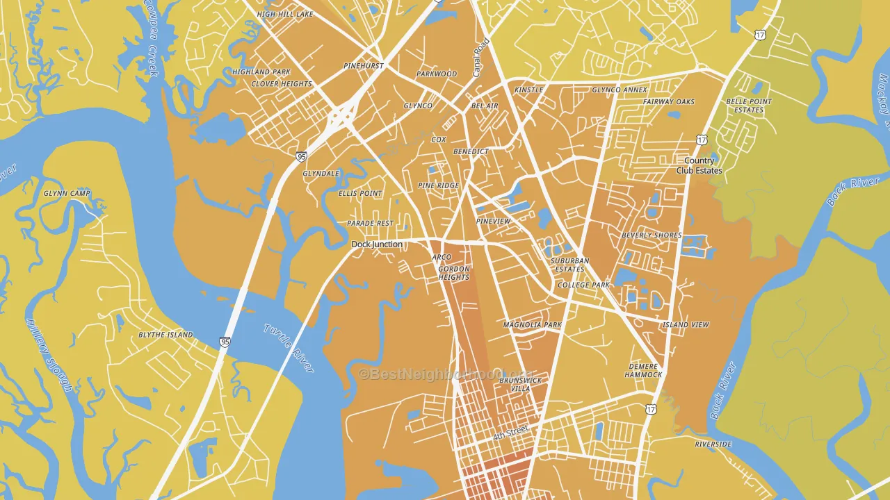 Map of the best neighborhoods in the Dock Junction area, with better matches in green and worse matches in red