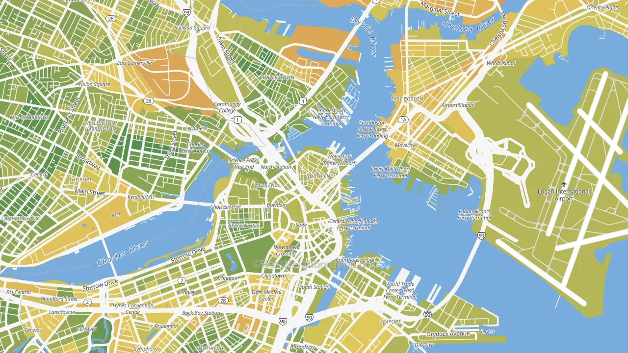 Map of the best neighborhoods in the Dock Square, Boston area, with better matches in green and worse matches in red