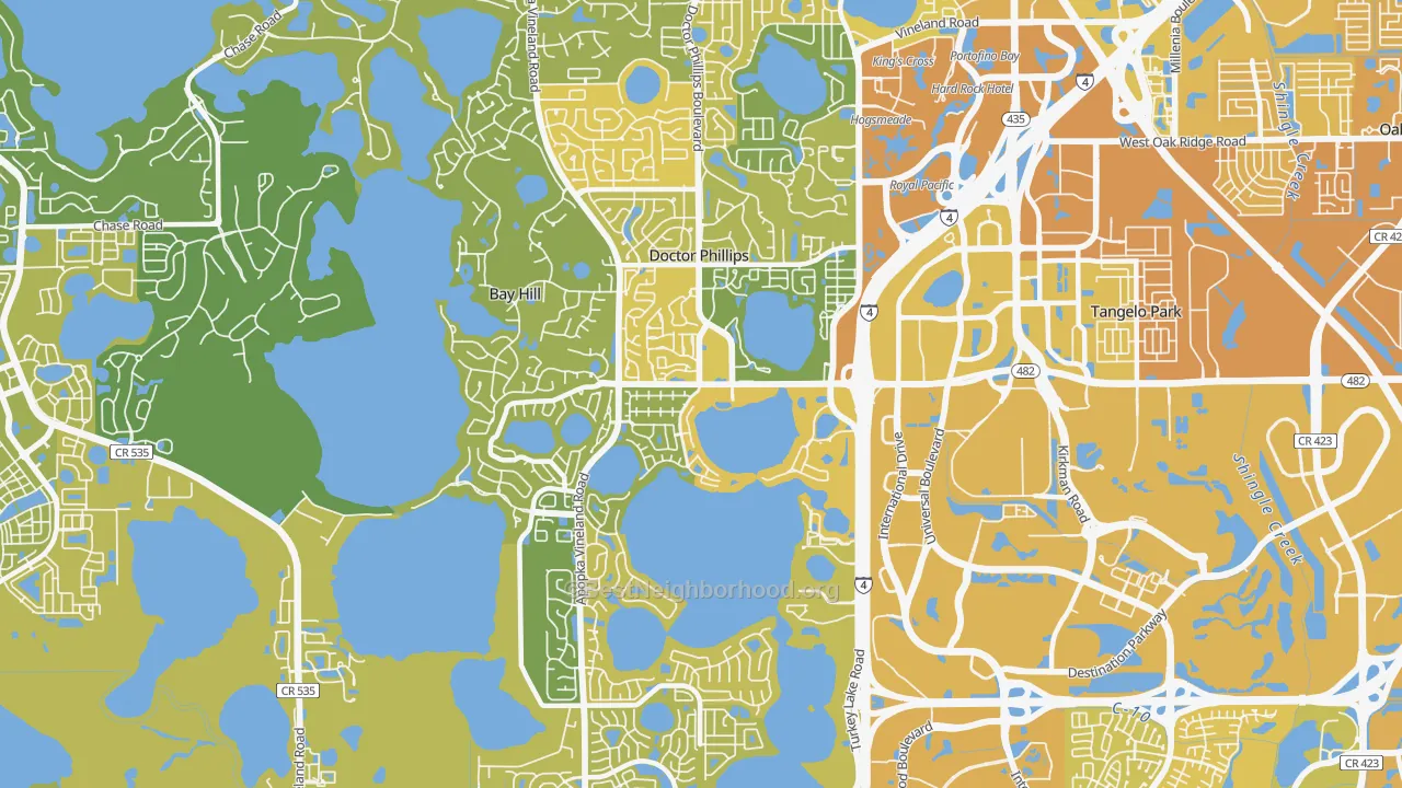 Map of the best neighborhoods in the Doctor Phillips area, with better matches in green and worse matches in red