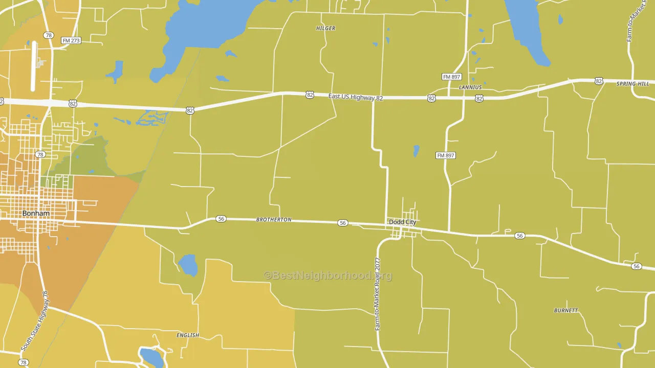 Map of the best neighborhoods in the Dodd City area, with better matches in green and worse matches in red