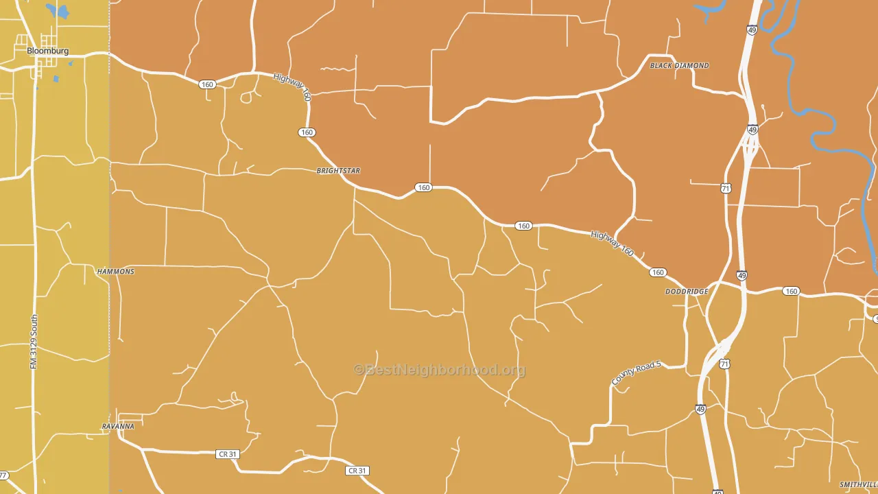 Map of the best neighborhoods in the Doddridge area, with better matches in green and worse matches in red