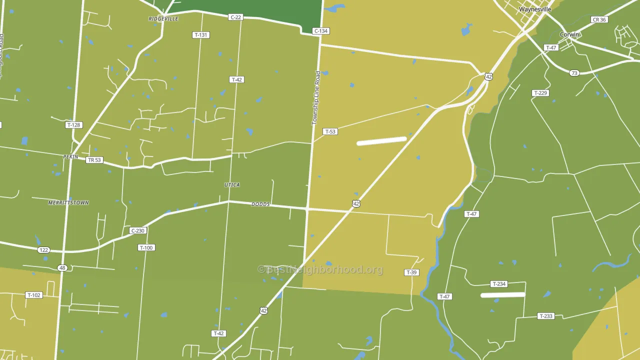 Map of the best neighborhoods in the Dodds area, with better matches in green and worse matches in red