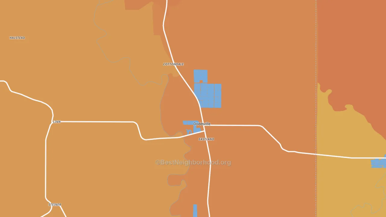 Map of the best neighborhoods in the Doddsville area, with better matches in green and worse matches in red