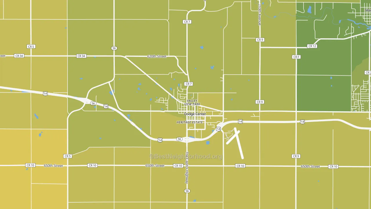 Map of the best neighborhoods in the Dodge Center area, with better matches in green and worse matches in red