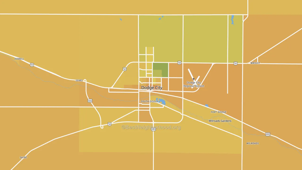 Map of the best neighborhoods in the Dodge City area, with better matches in green and worse matches in red