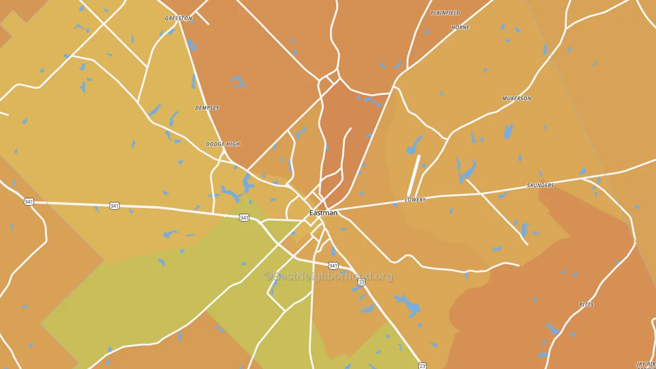 Map of the best neighborhoods in the Dodge County area, with better matches in green and worse matches in red