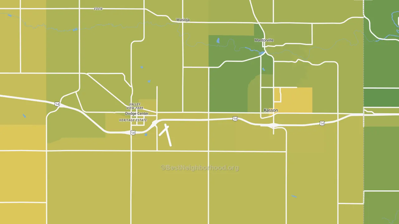 Map of the best neighborhoods in the Dodge County area, with better matches in green and worse matches in red