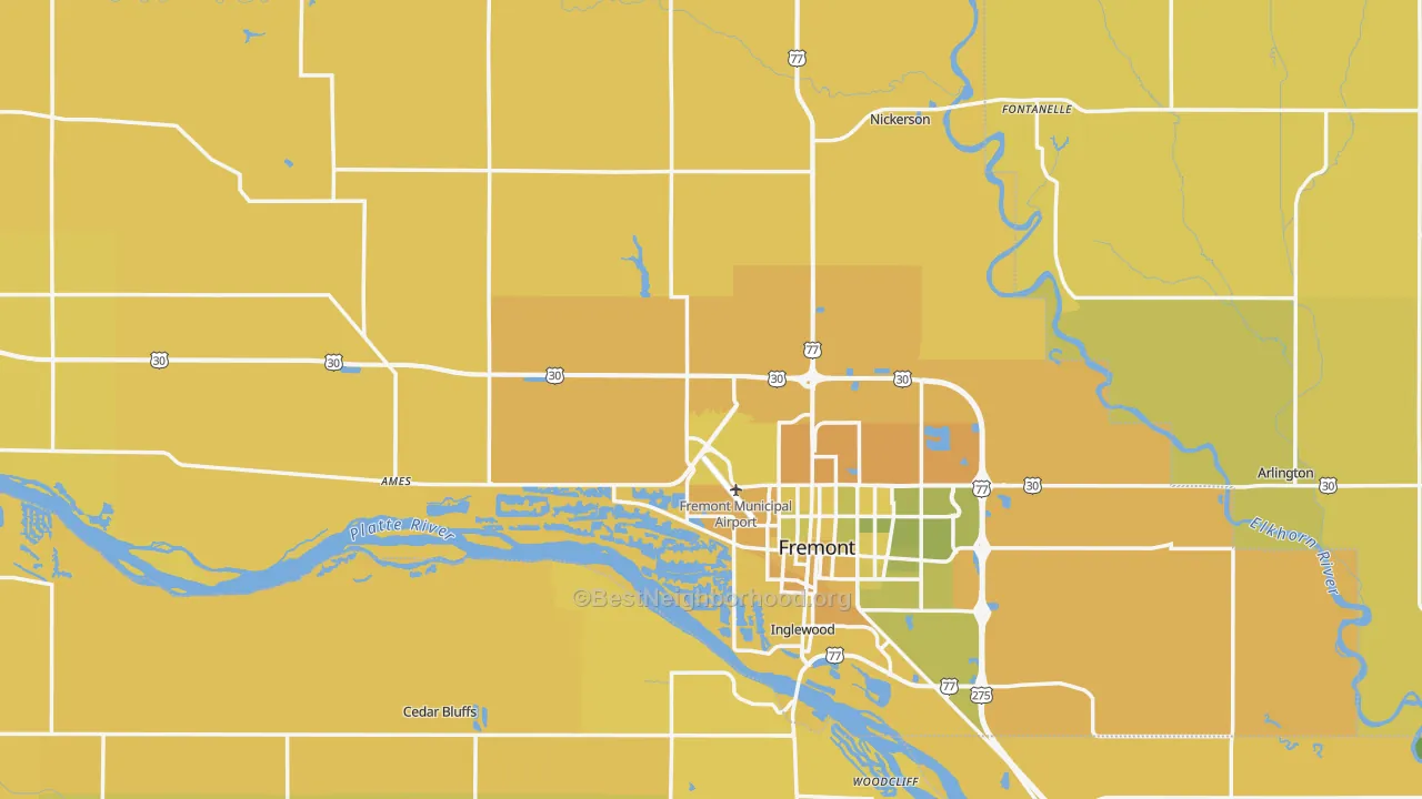 Map of the best neighborhoods in the Dodge County area, with better matches in green and worse matches in red