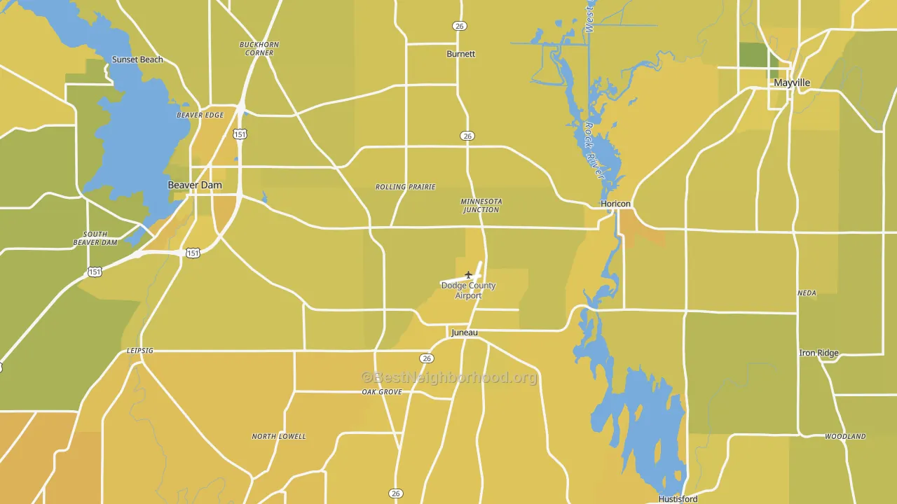 Map of the best neighborhoods in the Dodge County area, with better matches in green and worse matches in red