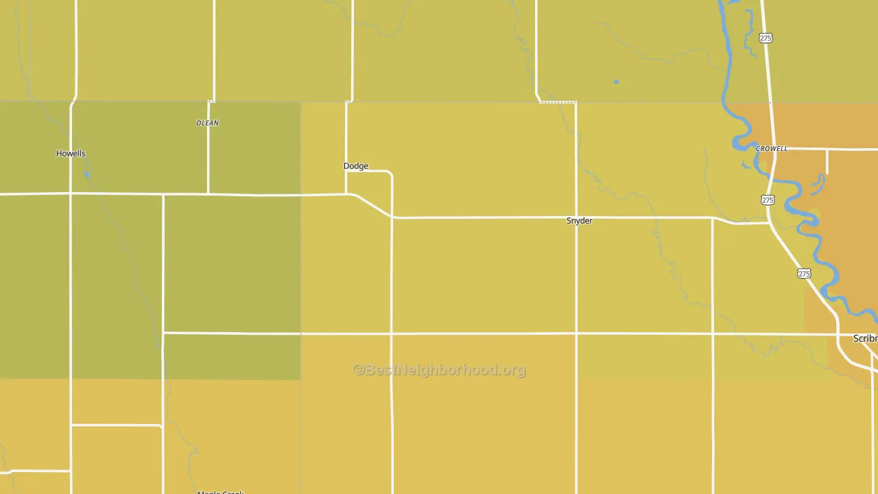 Map of the best neighborhoods in the Dodge area, with better matches in green and worse matches in red