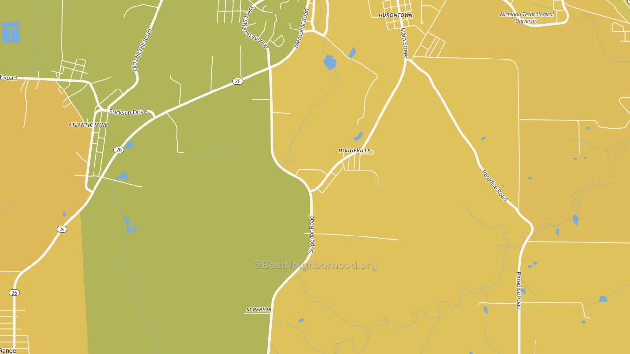 Map of the best neighborhoods in the Dodgeville area, with better matches in green and worse matches in red