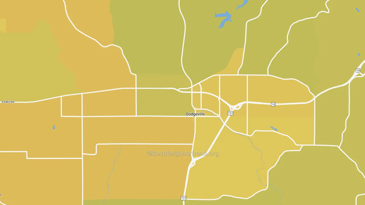 Map of the best neighborhoods in the Dodgeville area, with better matches in green and worse matches in red