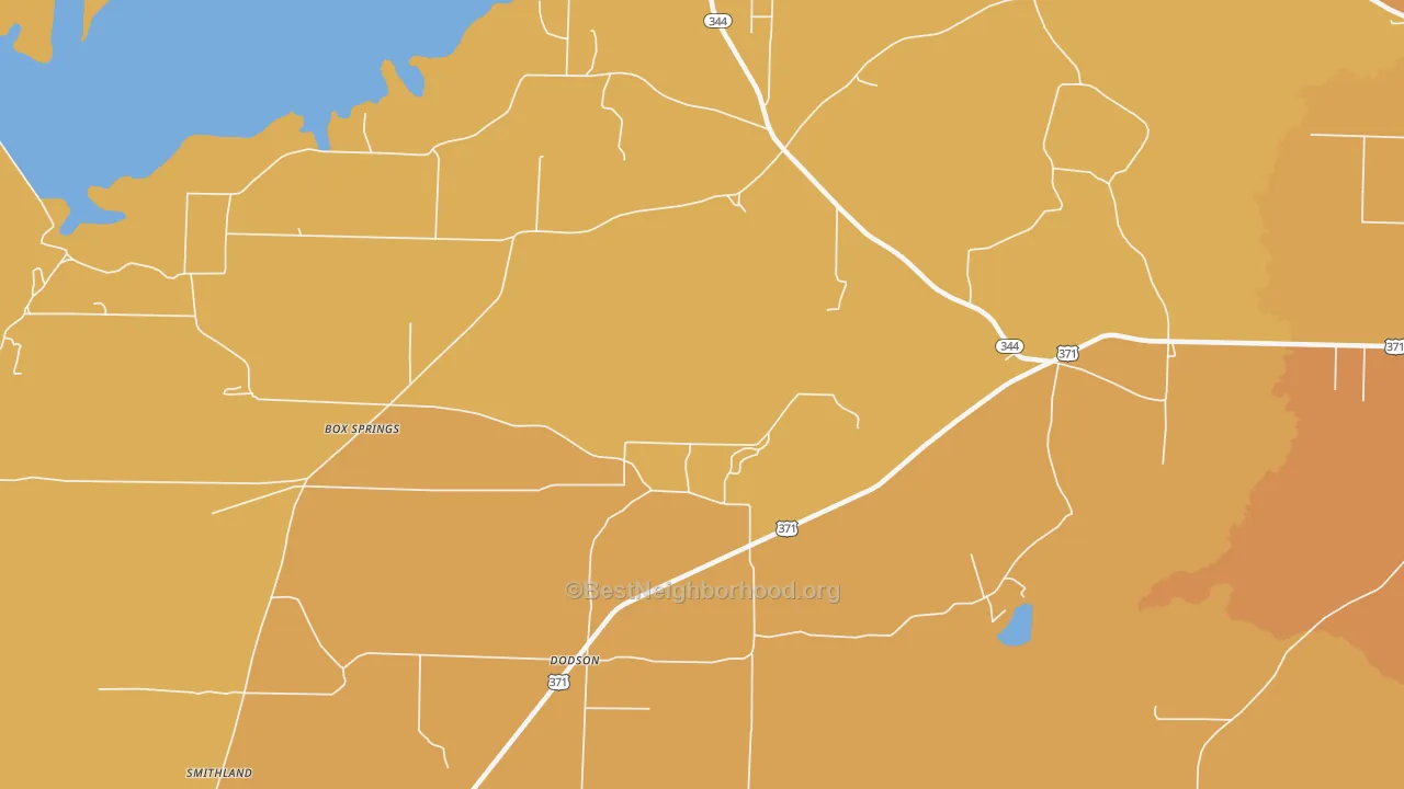 Map of the best neighborhoods in the Dodson area, with better matches in green and worse matches in red