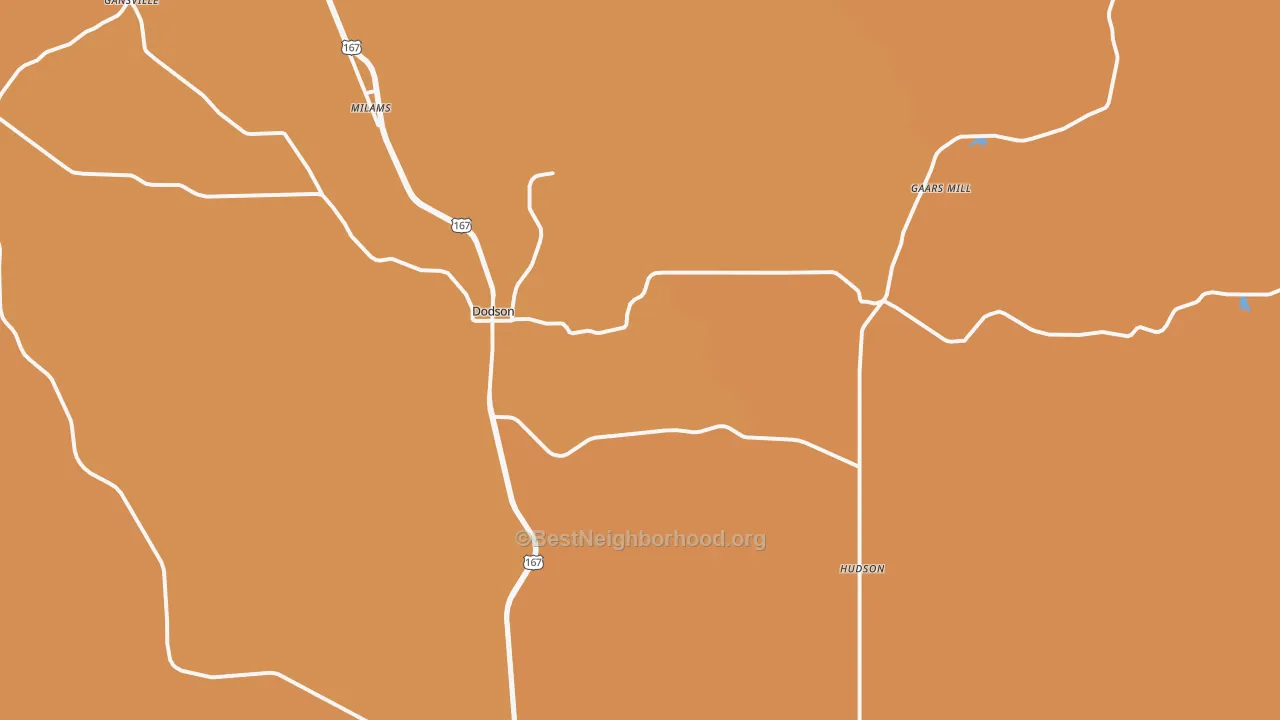 Map of the best neighborhoods in the Dodson area, with better matches in green and worse matches in red