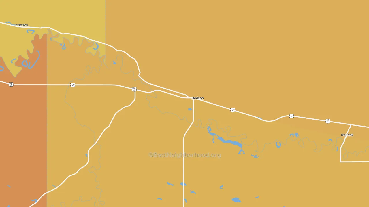 Map of the best neighborhoods in the Dodson area, with better matches in green and worse matches in red