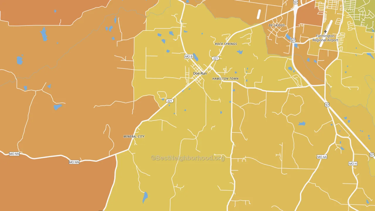 Map of the best neighborhoods in the Doe Run area, with better matches in green and worse matches in red