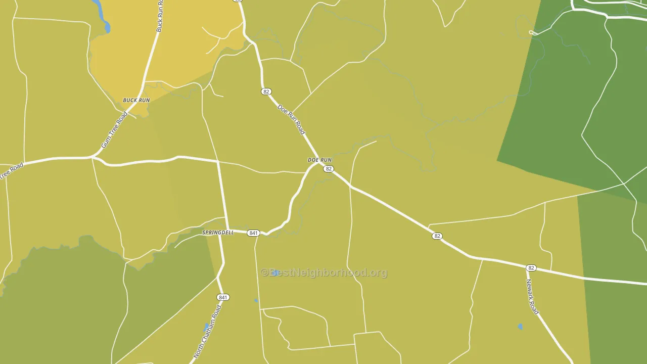 Map of the best neighborhoods in the Doe Run area, with better matches in green and worse matches in red