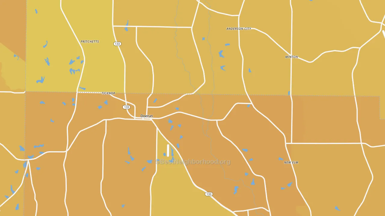 Map of the best neighborhoods in the Doerun area, with better matches in green and worse matches in red