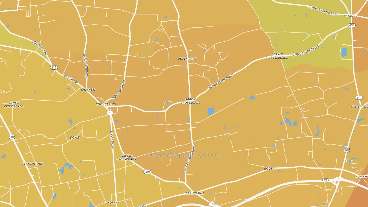 Map of the best neighborhoods in the Dog Bluff area, with better matches in green and worse matches in red