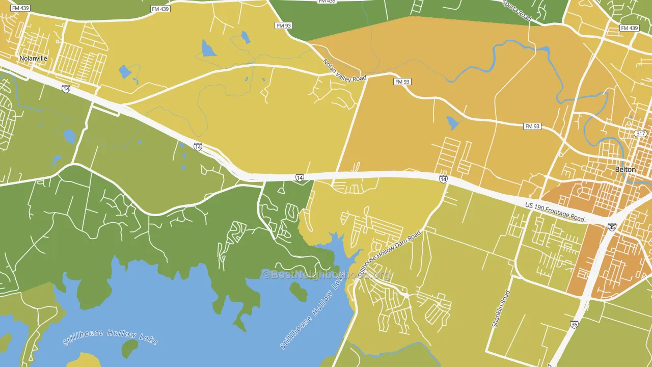 Map of the best neighborhoods in the Dog Ridge area, with better matches in green and worse matches in red
