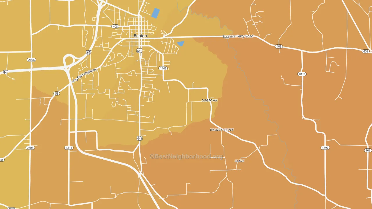 Map of the best neighborhoods in the Dogtown area, with better matches in green and worse matches in red