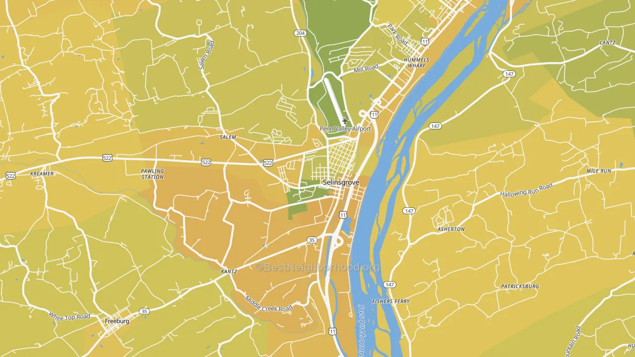 Map of the best neighborhoods in the Dogtown, Selinsgrove area, with better matches in green and worse matches in red