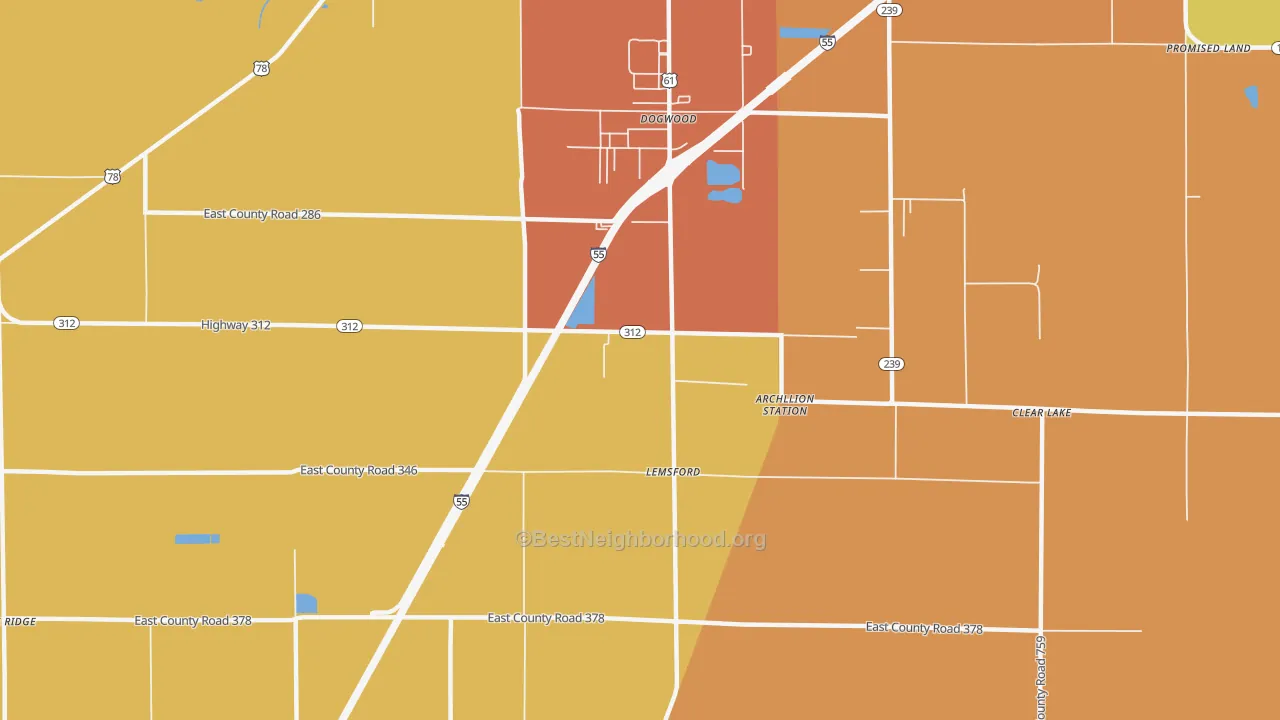Map of the best neighborhoods in the Dogwood area, with better matches in green and worse matches in red