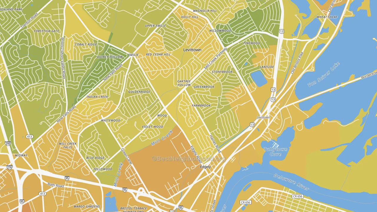Map of the best neighborhoods in the Dogwood Hollow, Levittown area, with better matches in green and worse matches in red
