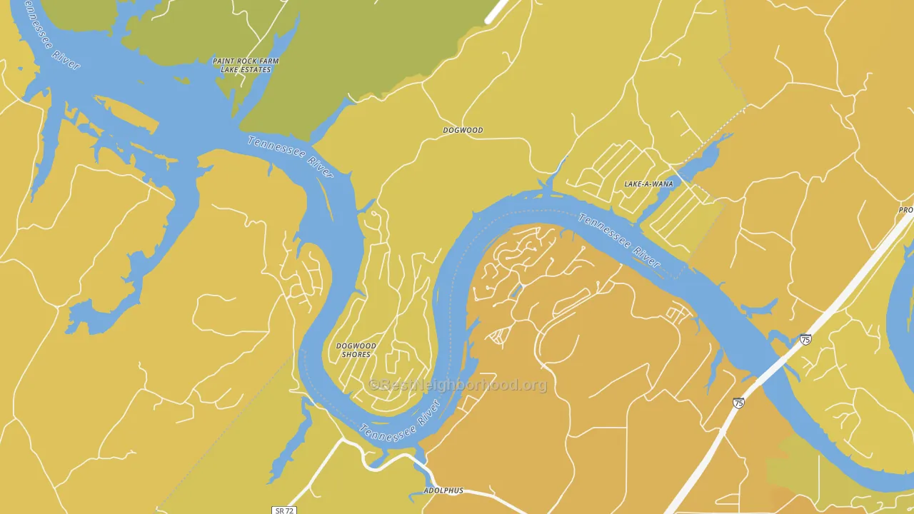 Map of the best neighborhoods in the Dogwood area, with better matches in green and worse matches in red