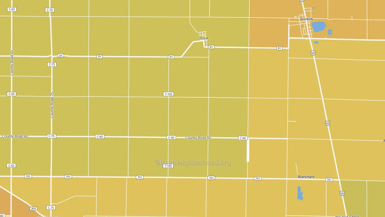 Map of the best neighborhoods in the Dola area, with better matches in green and worse matches in red