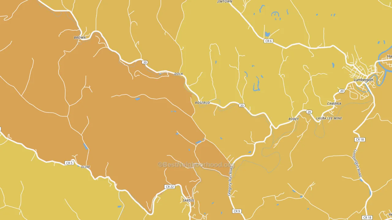 Map of the best neighborhoods in the Dola area, with better matches in green and worse matches in red