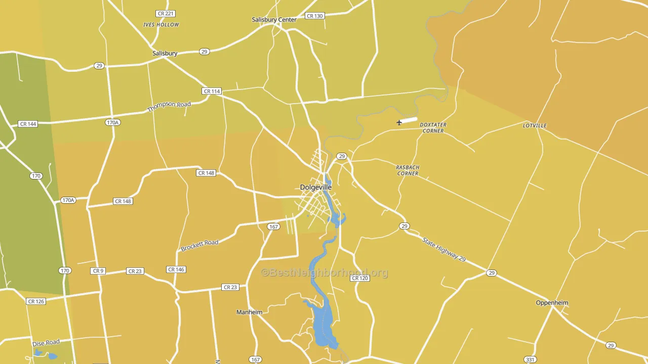 Map of the best neighborhoods in the Dolgeville area, with better matches in green and worse matches in red