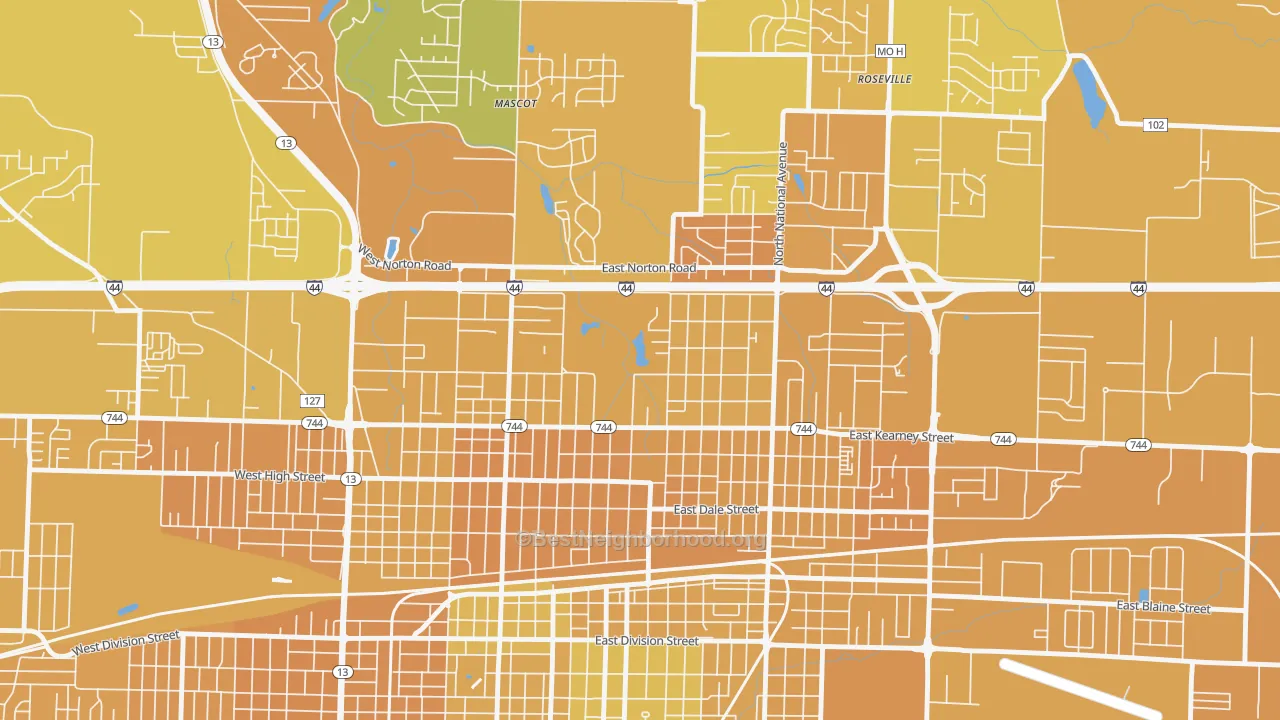 Map of the best neighborhoods in the Doling, Springfield area, with better matches in green and worse matches in red