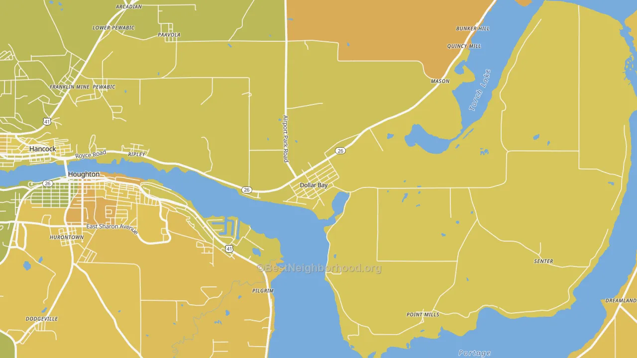 Map of the best neighborhoods in the Dollar Bay area, with better matches in green and worse matches in red