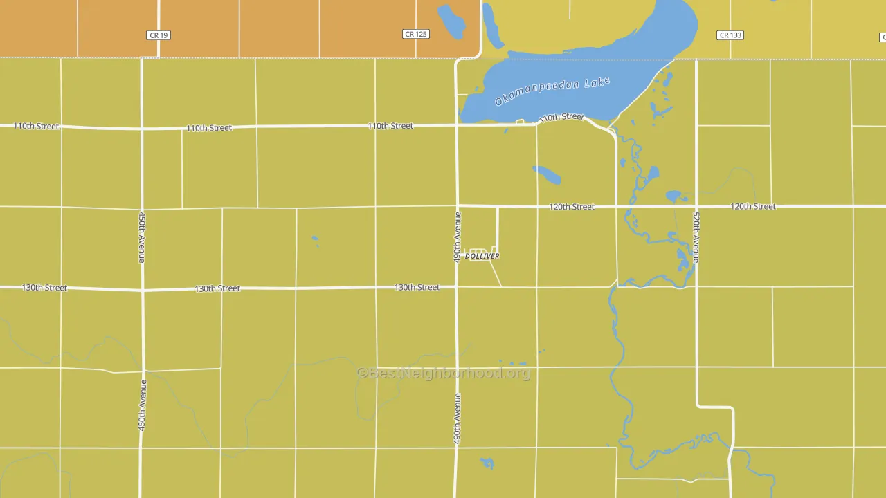 Map of the best neighborhoods in the Dolliver area, with better matches in green and worse matches in red