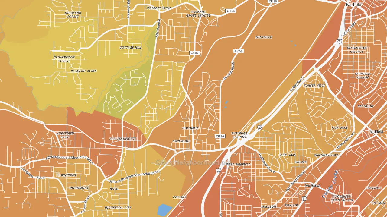 Map of the best neighborhoods in the Dolomite area, with better matches in green and worse matches in red