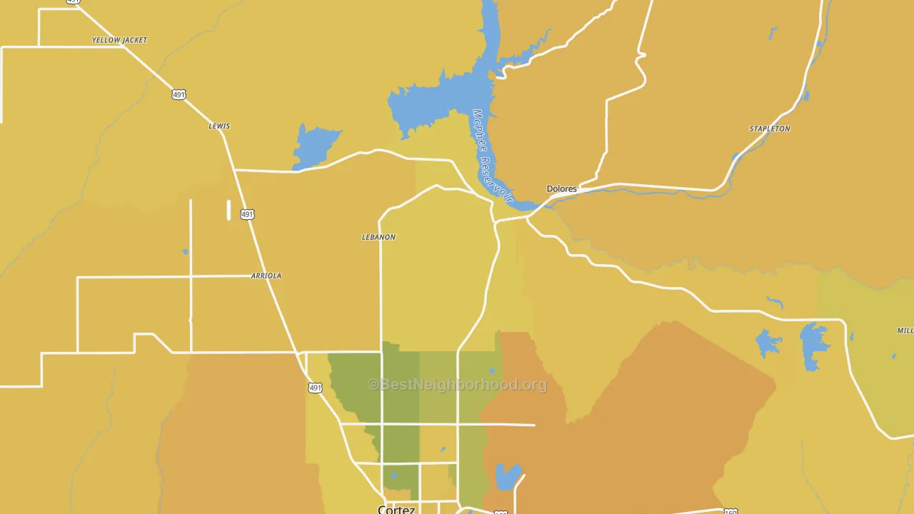 Map of the best neighborhoods in the Dolores area, with better matches in green and worse matches in red