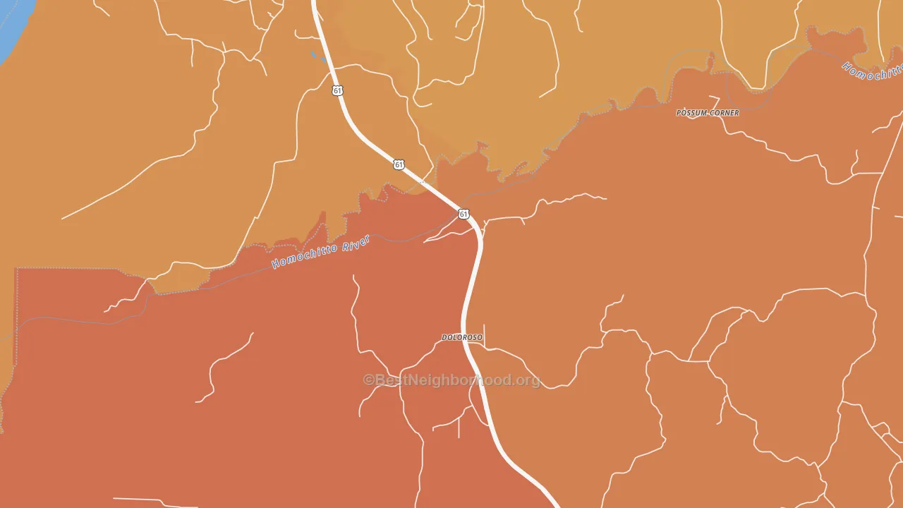 Map of the best neighborhoods in the Doloroso area, with better matches in green and worse matches in red