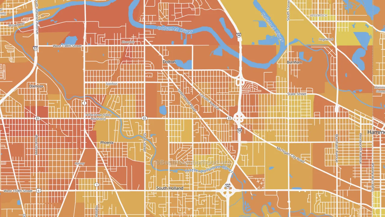 Map of the best neighborhoods in the Dolton area, with better matches in green and worse matches in red