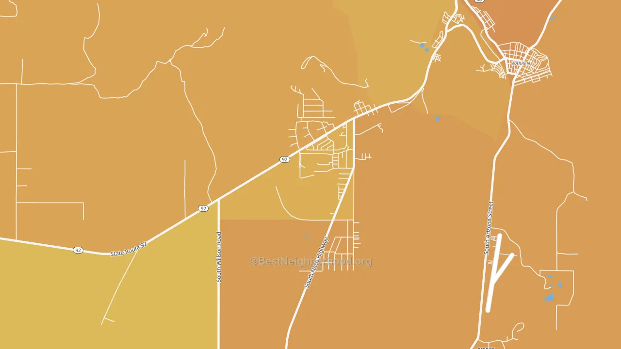Map of the best neighborhoods in the Don Luis area, with better matches in green and worse matches in red