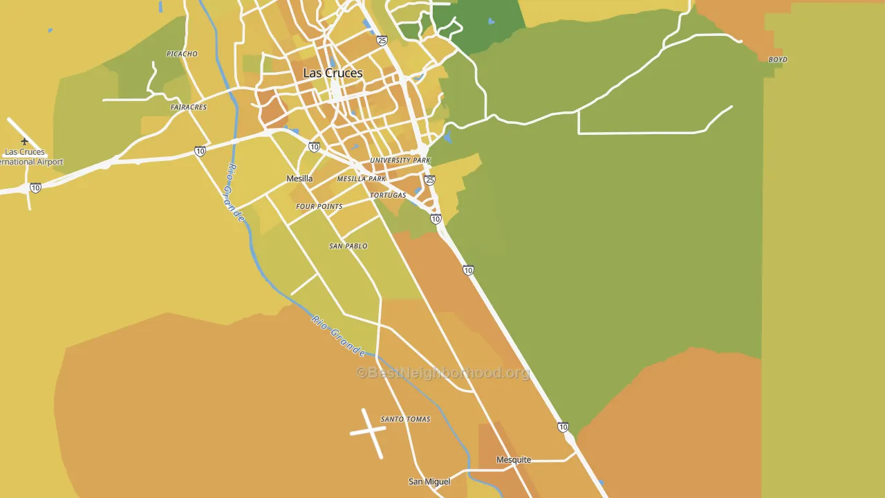 Map of the best neighborhoods in the Dona Ana County area, with better matches in green and worse matches in red