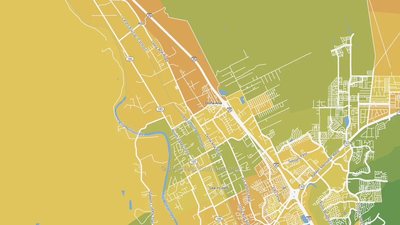 Map of the best neighborhoods in the Dona Ana area, with better matches in green and worse matches in red
